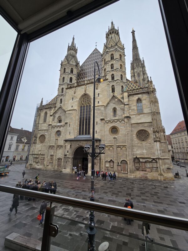 View of St. Stephen's Cathedral from the breakfast area in Hotel Am Stephansplatz.