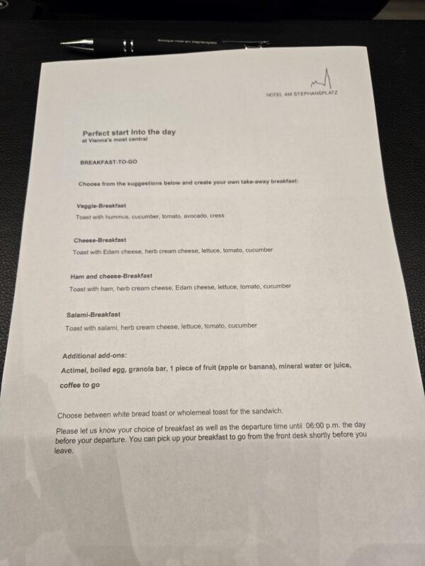 Breakfast to go menu at Hotel Am Stephansplatz..