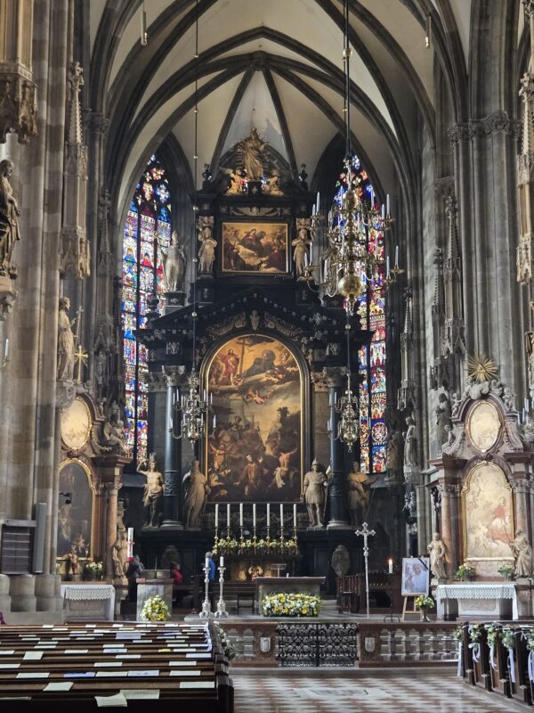 The interior of St. Stephen's Cathedral, including an image of the altar.