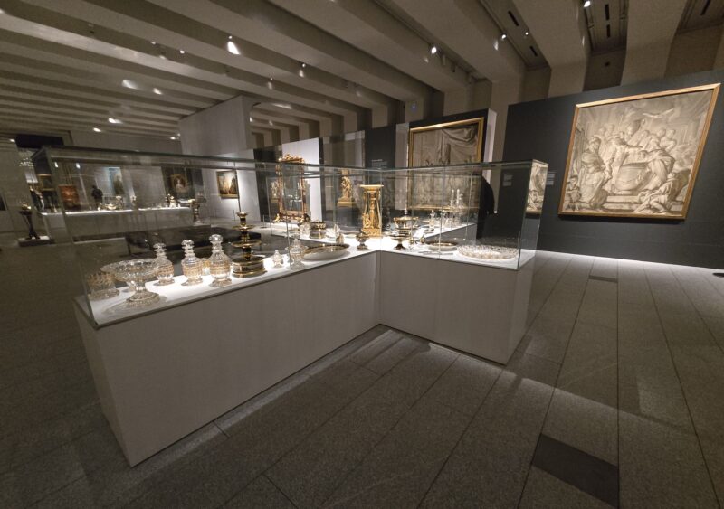 A collection of glassware and relics at the Gallery of the Royal Collections in Madrid.