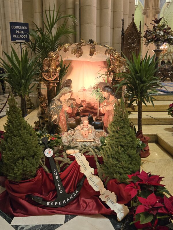 Nativity scene in a church with baby Jesus, Mary, and Joseph under a canopy, surrounded by greenery and red fabric decorations.