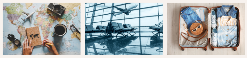 Three-panel travel collage: planning with a map and gear, an airport seating area with a plane outside, and a packed suitcase ready for travel.