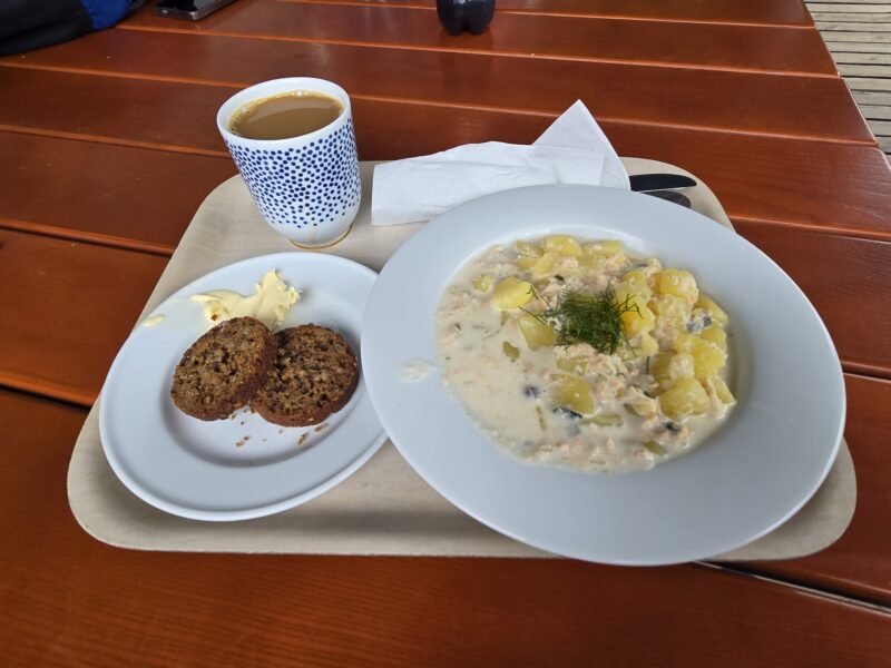 A white bowl of creamy potato soup with dill and potato chunks on a wooden table, with a dotted blue mug and napkin nearby.